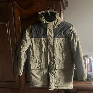 Timberland Men's Olive and Dark Gray Hooded Parka Jacket